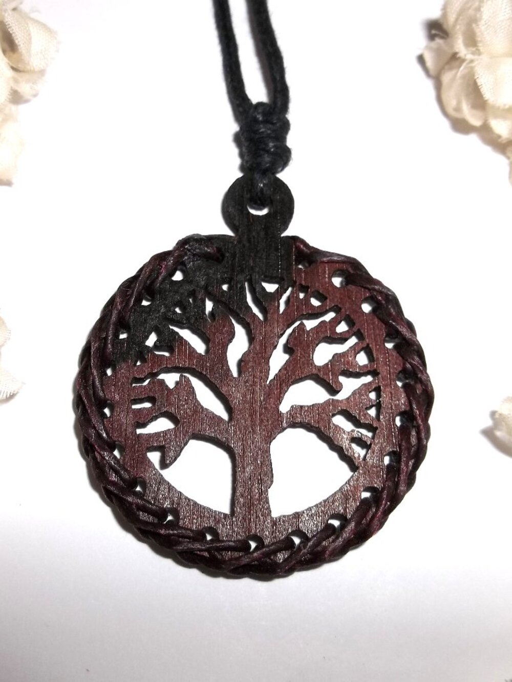Wood Tree of Life Necklace Adjustable Cord Medallion Pendant Charm Unisex D869